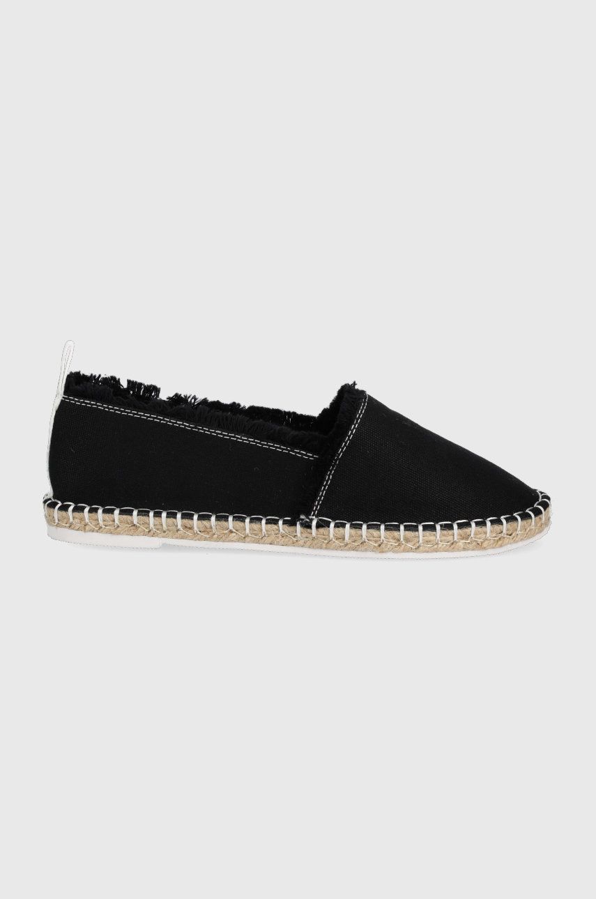 Espadrile dama Armani Exchange negre de vara din material textil cu toc plat si talpa din guma