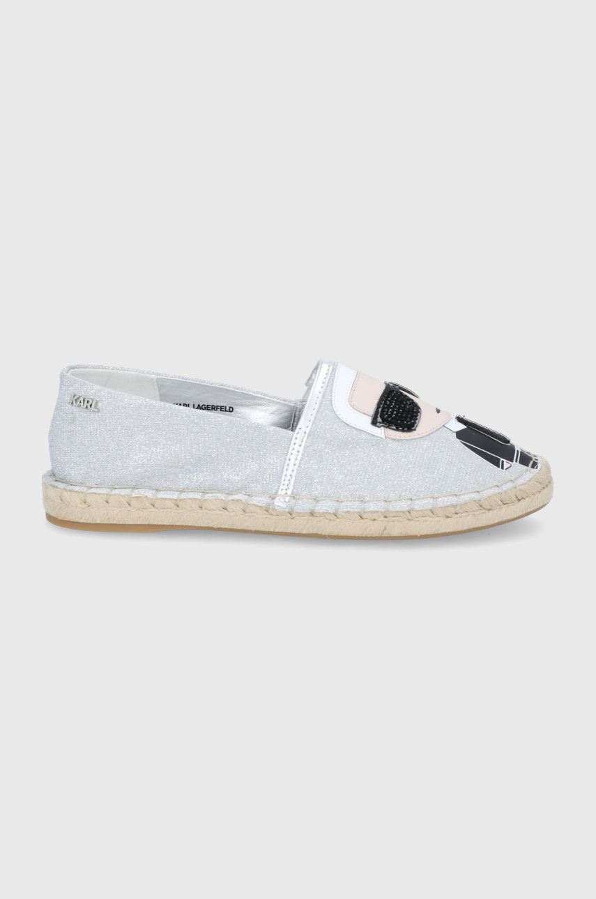 Espadrile dama Karl Lagerfeld argintii de primavara din material textil cu piele naturala cu toc plat si talpa din guma Kamini