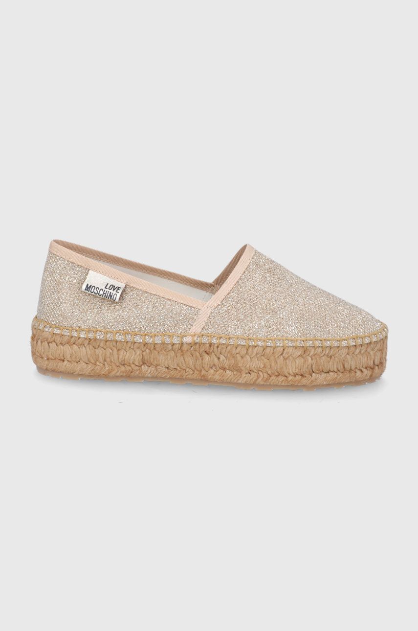 Espadrile dama Love Moschino aurii de plaja din material textil cu talpa stabila si interior confortabil