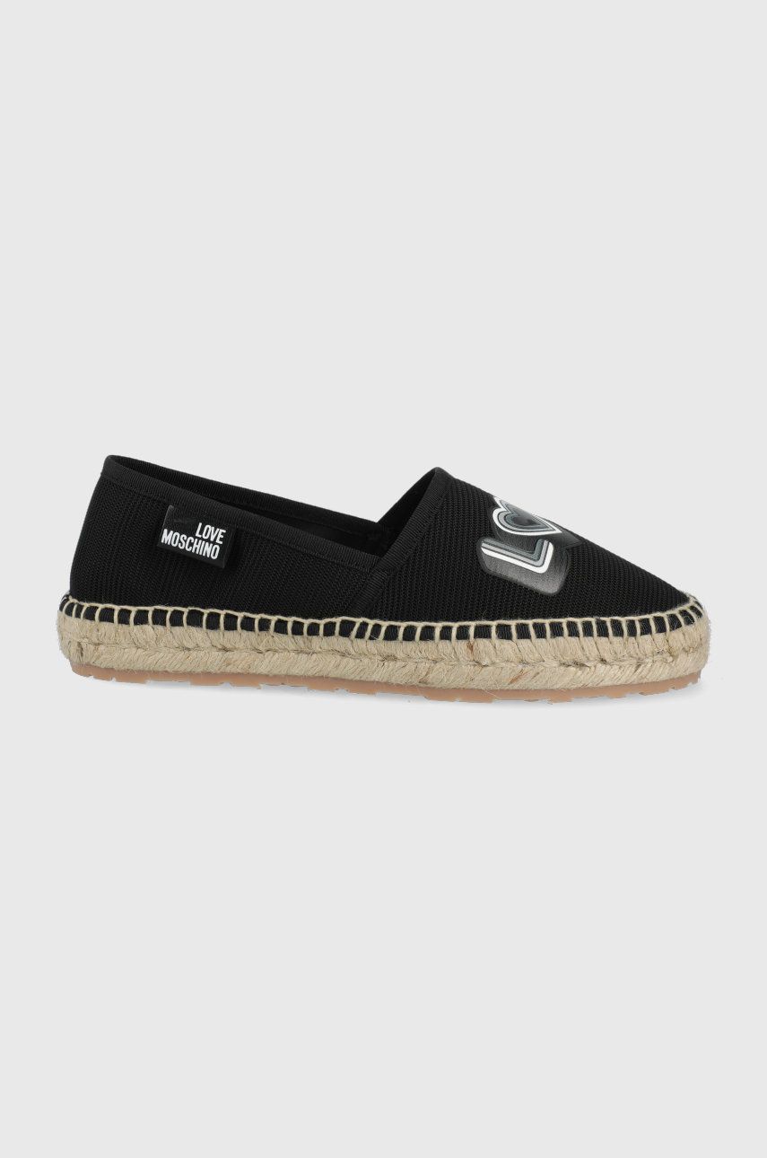 Espadrile dama Love Moschino negre de zi din material textil cu toc plat si talpa din guma