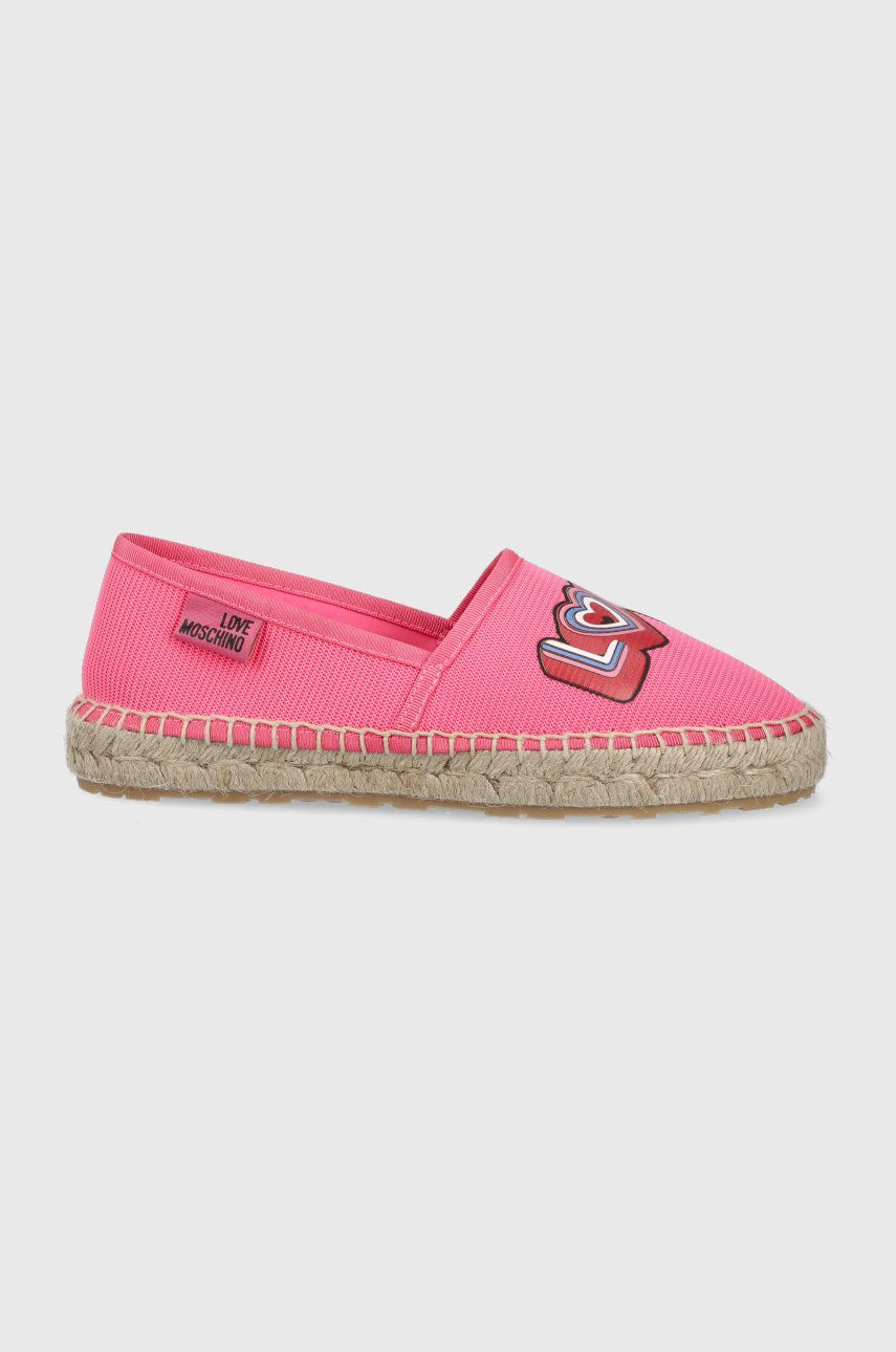 Espadrile dama Love Moschino roz de primavara din material textil cu toc plat si talpa din guma