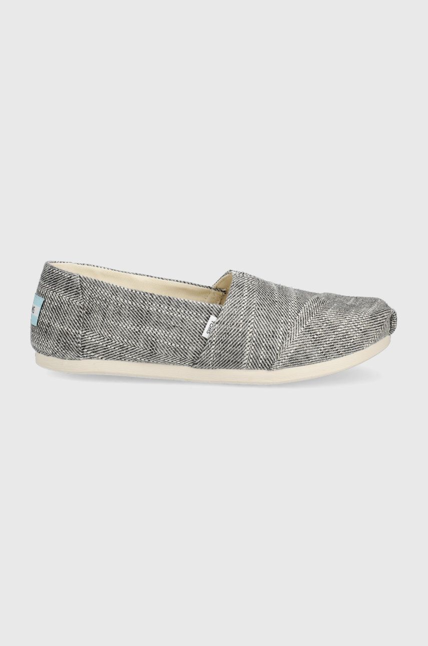 Espadrile dama Toms negre de primavara din material textil cu toc plat si talpa din guma Alpargata