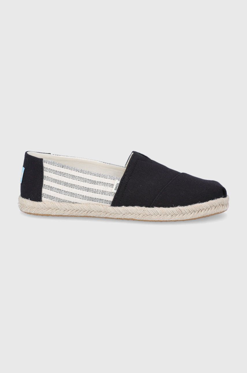 Espadrile dama Toms negre de zi din material textil cu toc plat si interior confortabil University Stripes