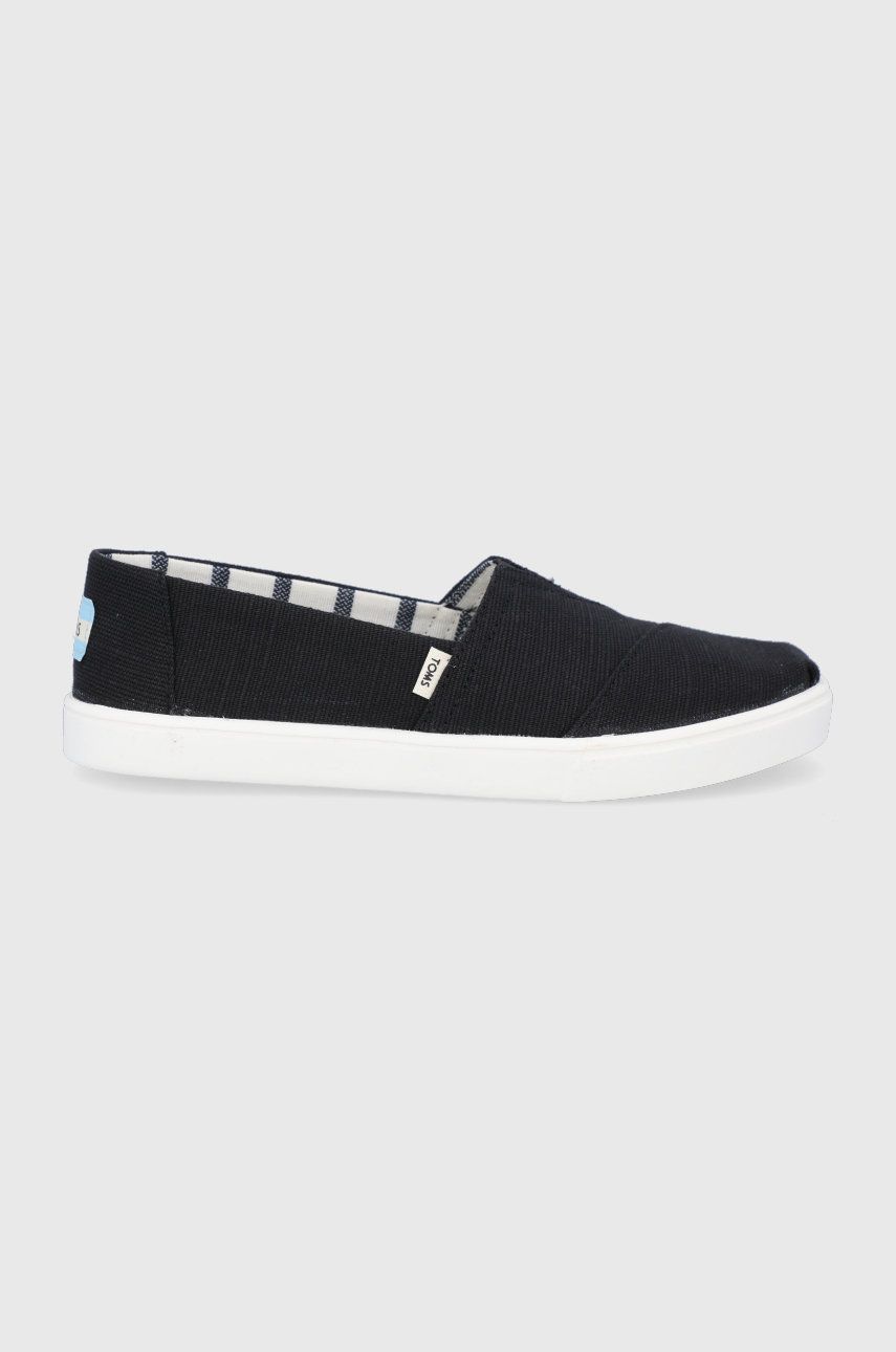 Espadrile dama Toms negre de zi din material textil cu toc plat si talpa din guma