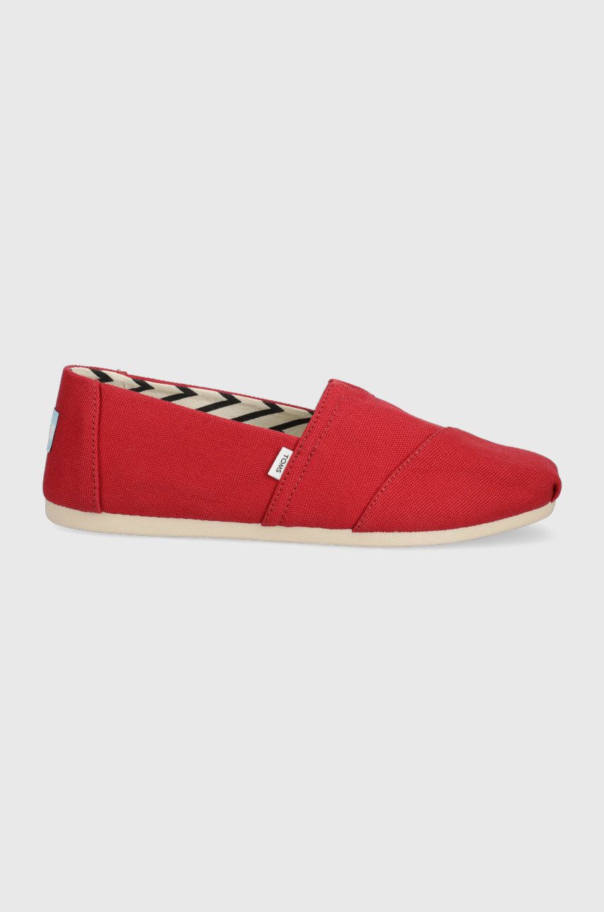 Espadrile dama Toms rosii de plaja din material textil cu toc plat si talpa din guma Alpargata