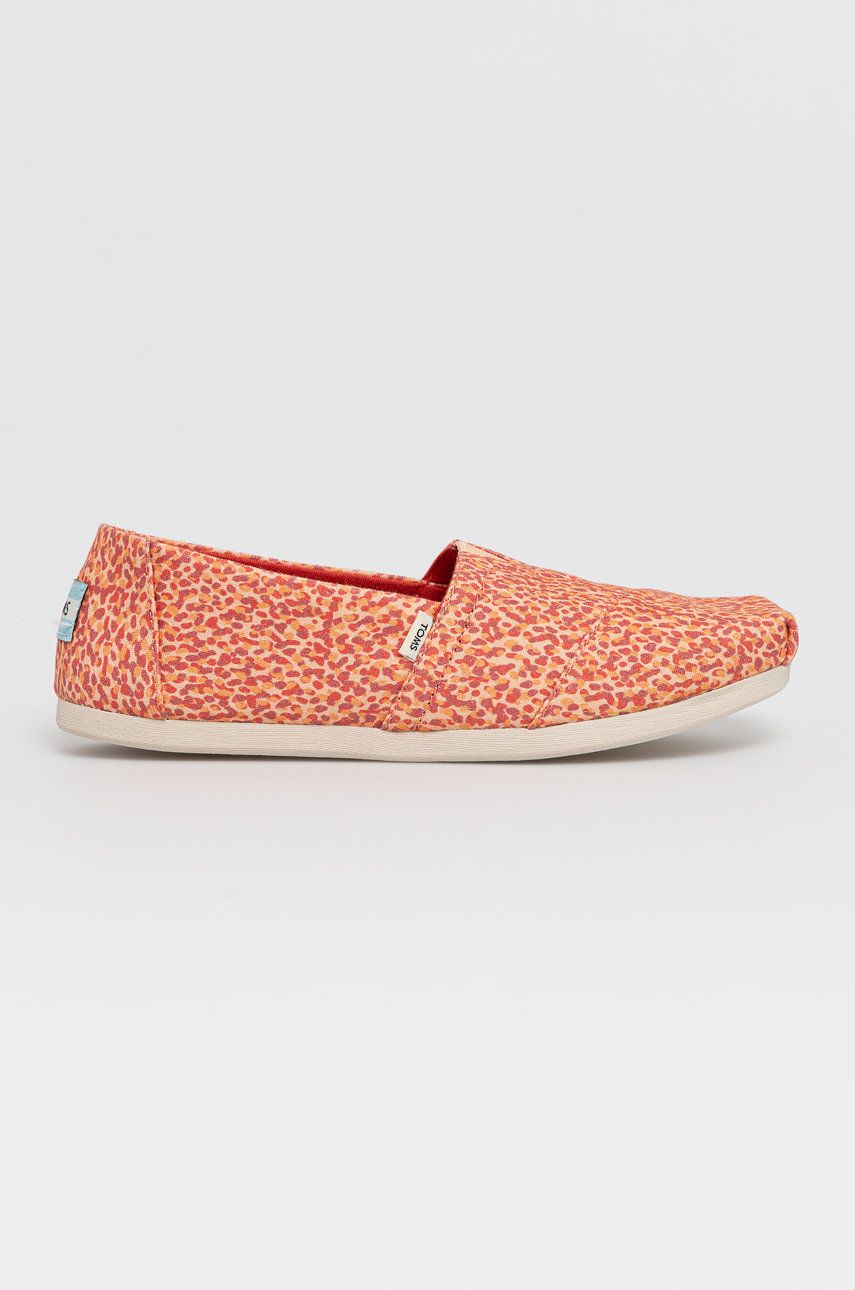 Espadrile dama Toms rosii de primavara din material textil cu toc plat si talpa din guma Alpargata