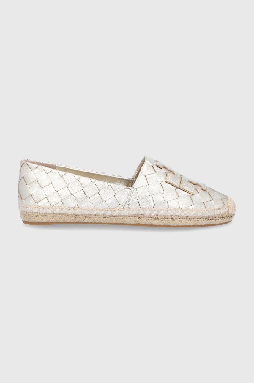 Espadrile dama Tory Burch aurii casual din piele naturala cu toc plat si talpa din guma