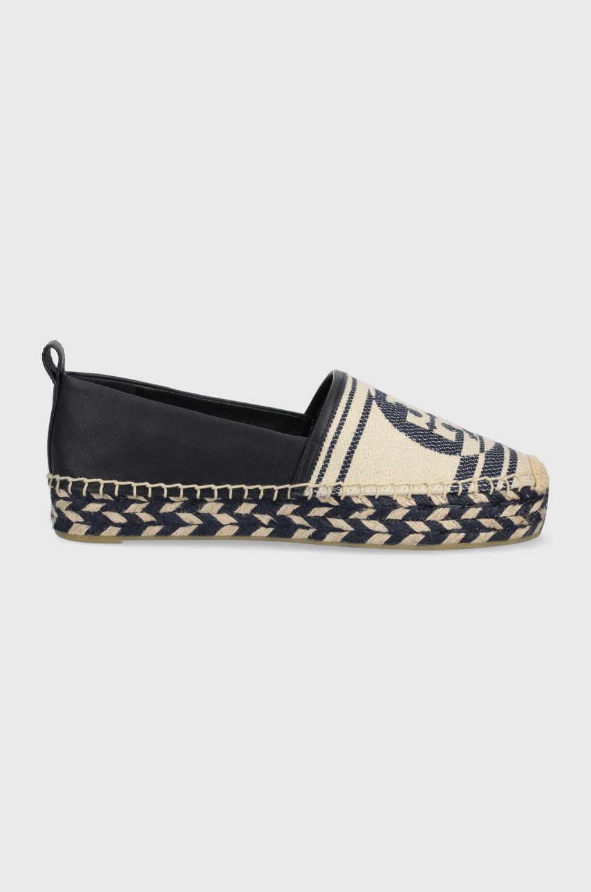 Espadrile dama Tory Burch bleumarin de zi din material textil cu piele naturala cu toc plat si talpa din guma Tory