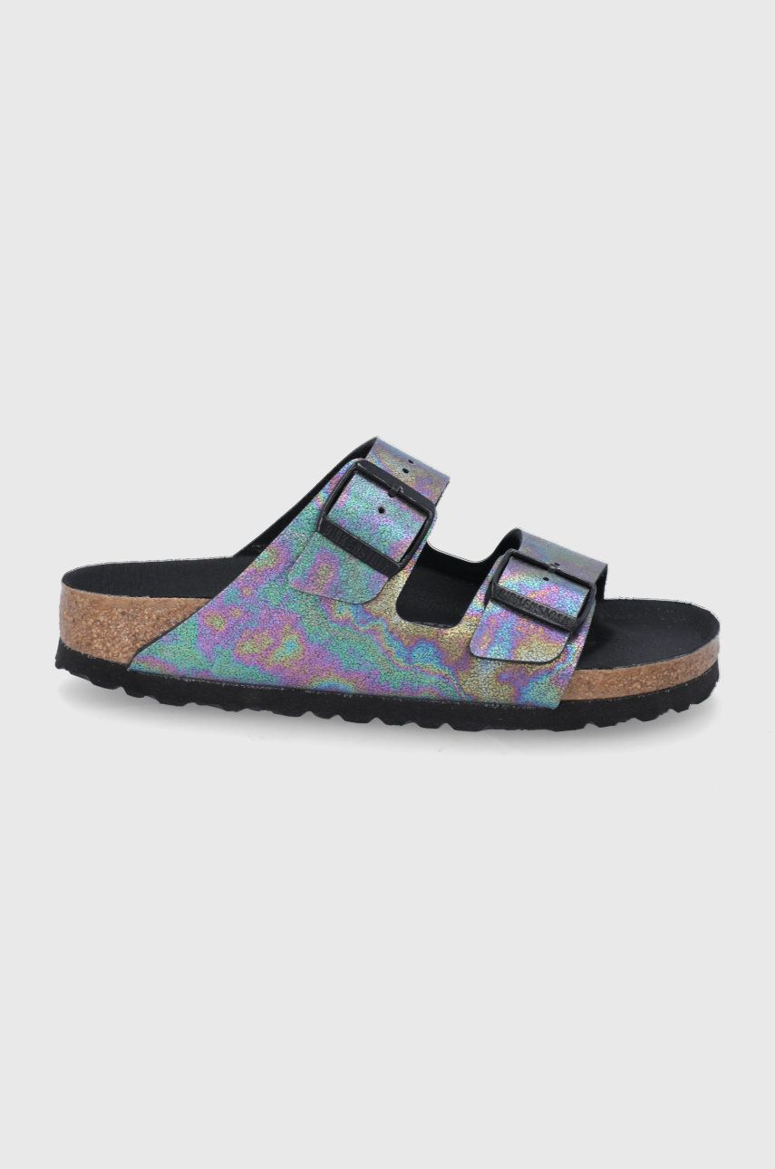 Papuci  Birkenstock dama de vara din piele intoarsa cu toc plat si talpa din guma Arizona