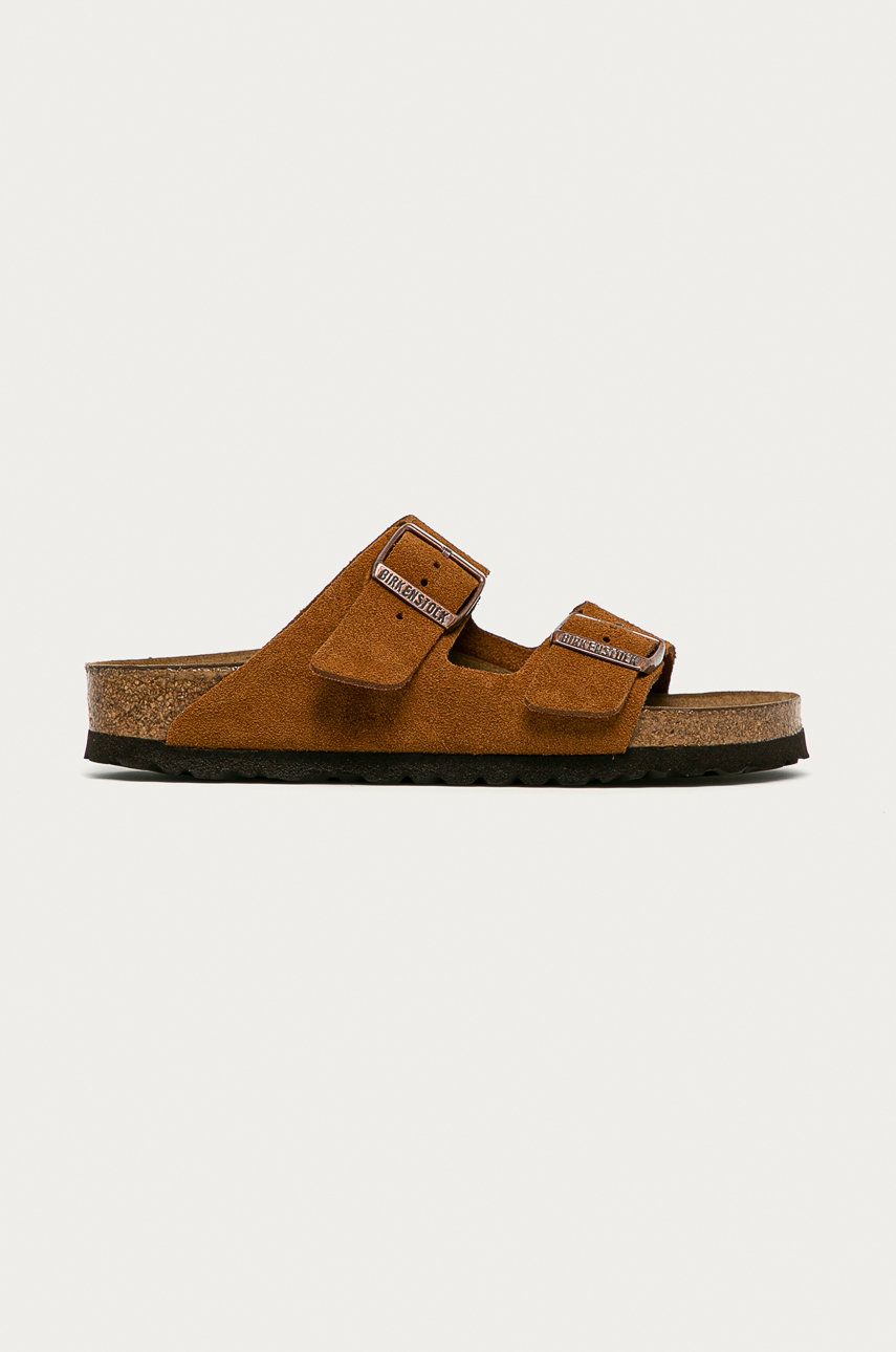 Papuci  Birkenstock dama de vara din piele intoarsa cu toc plat si talpa din guma Arizona