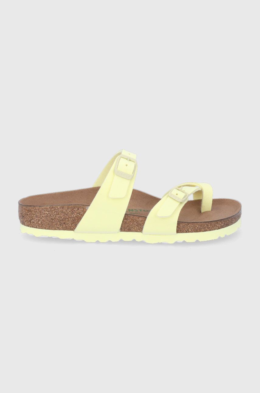 Papuci  Birkenstock dama de vara din piele intoarsa cu toc plat si talpa stabila Mayari