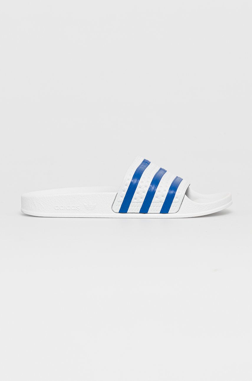 Papuci dama albi adidas Originals de primavara din material sintetic cu toc plat si talpa din guma Adilette