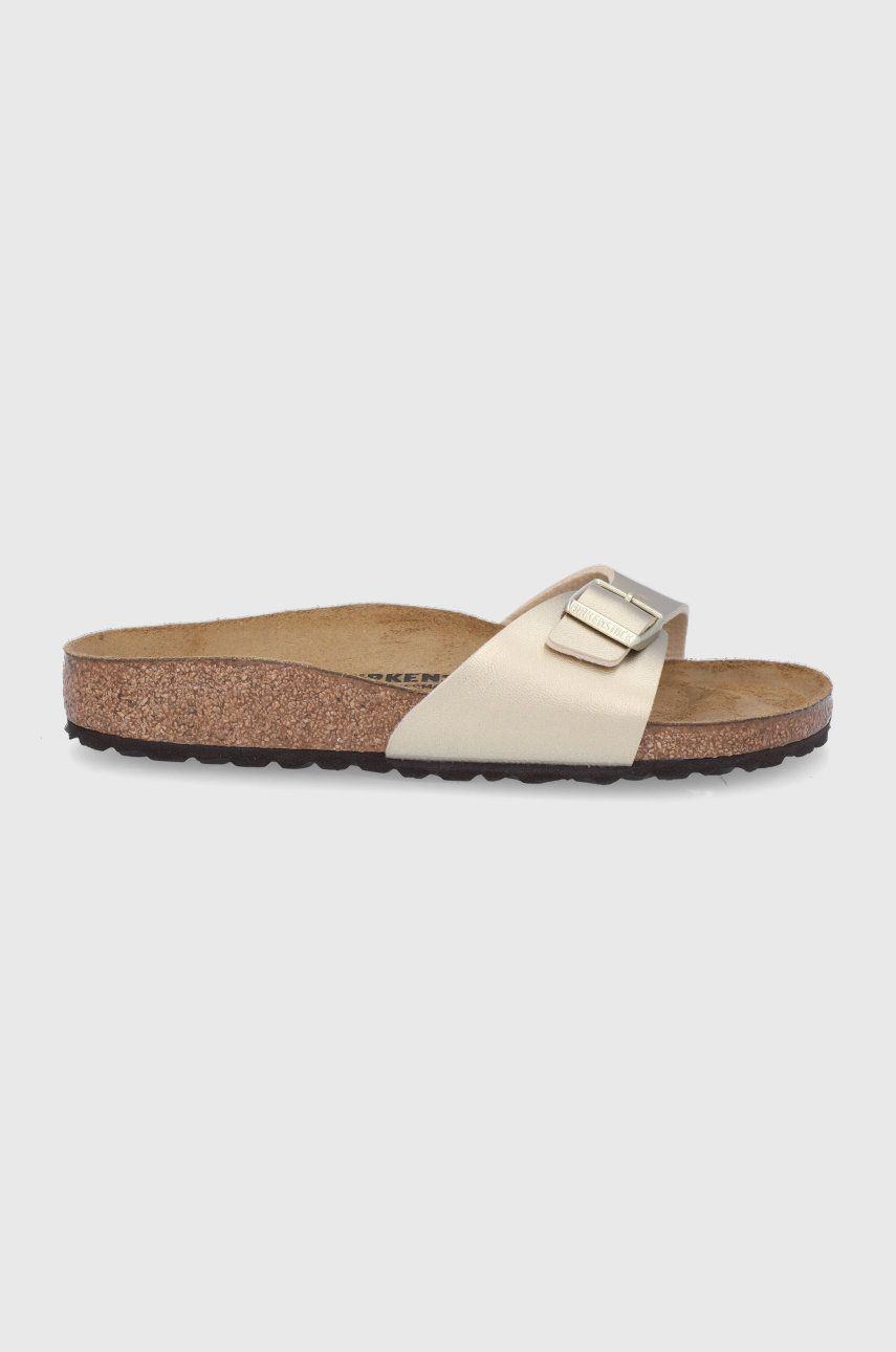 Papuci aurii Birkenstock dama de primavara din piele intoarsa cu toc plat si talpa din guma Madrid