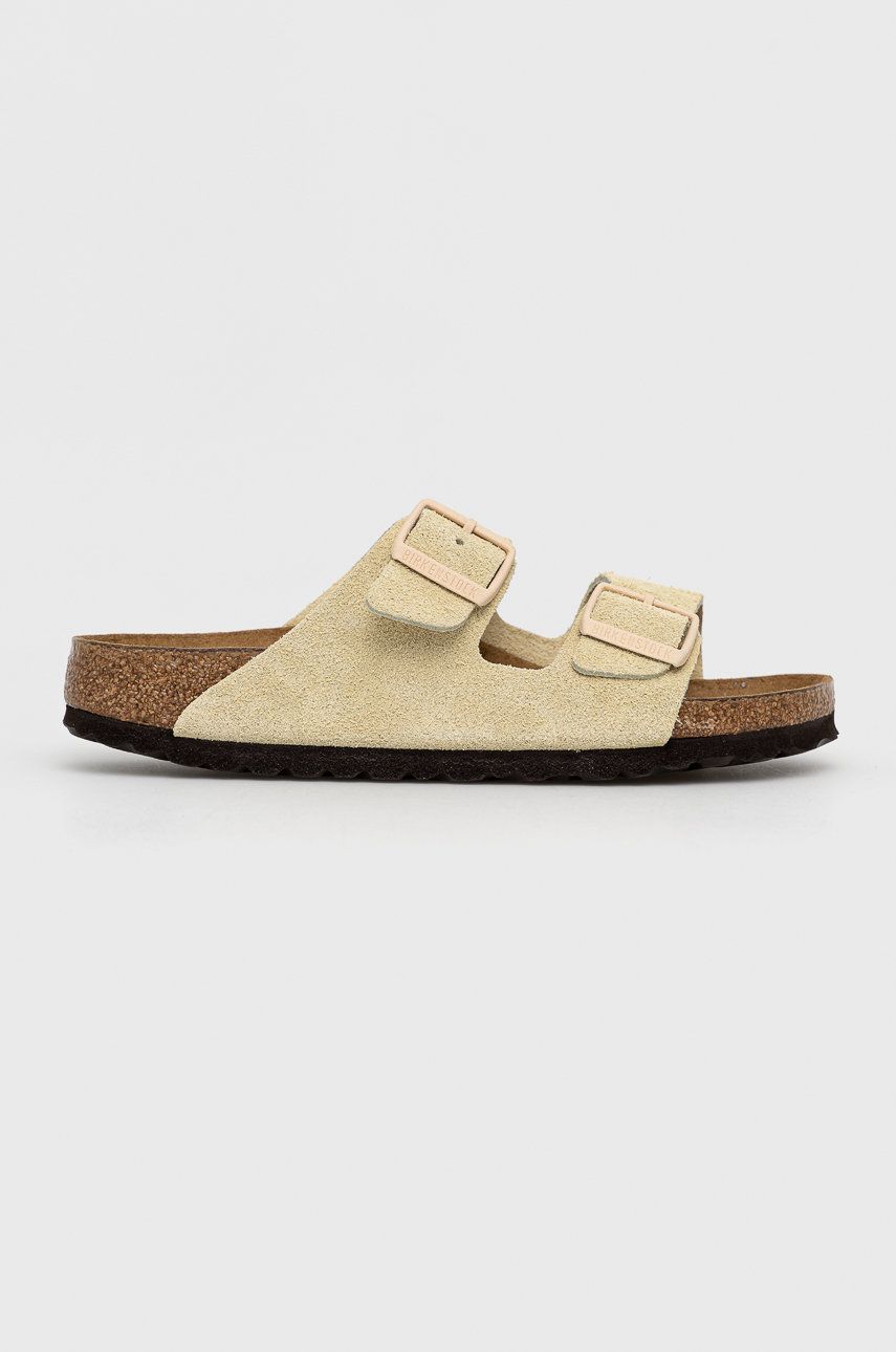 Papuci bej Birkenstock dama de vara din piele intoarsa  cu talpa din guma Arizona