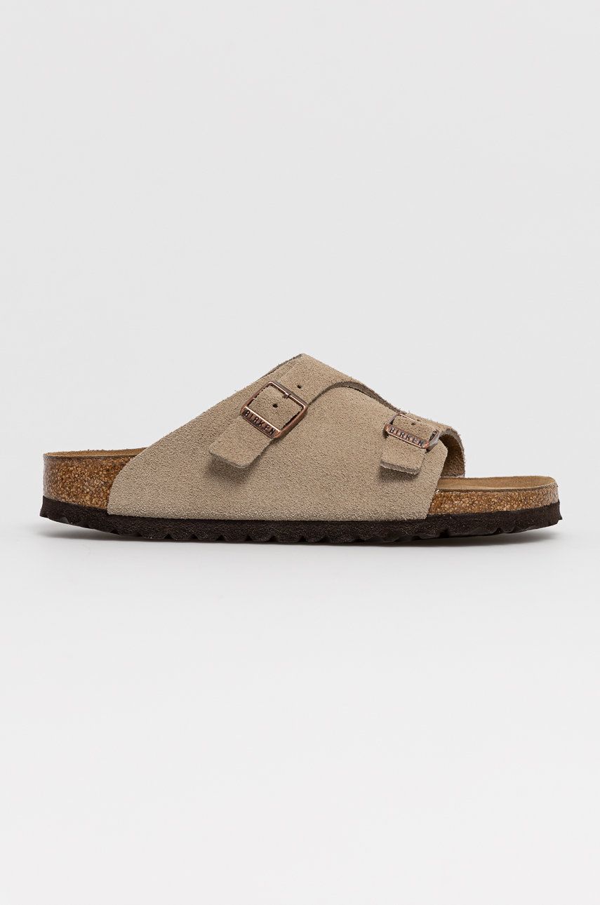 Papuci bej Birkenstock dama de vara din piele intoarsa cu toc plat si talpa din guma  online