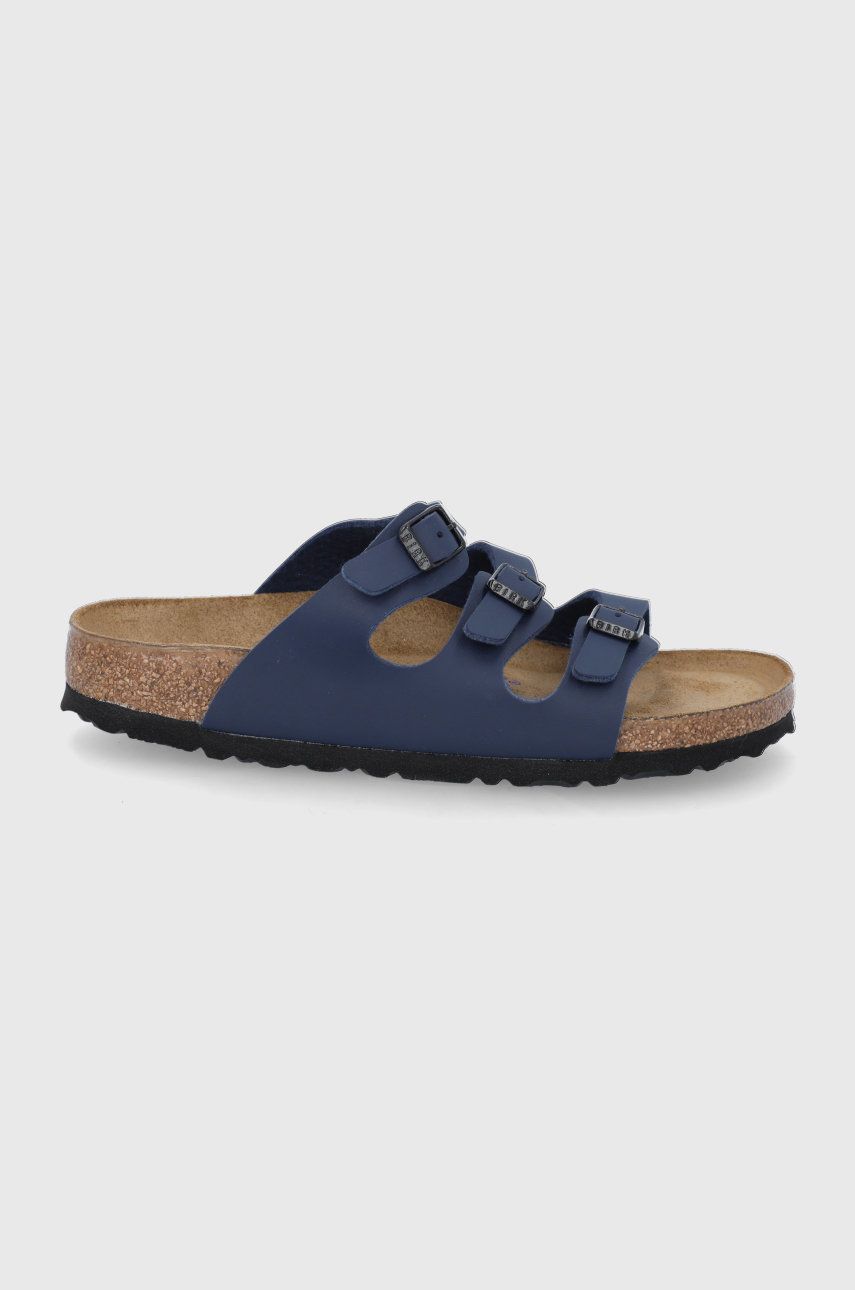 Papuci bleumarin Birkenstock dama de ocazie din piele intoarsa cu talpa din guma si interior confortabil Florida