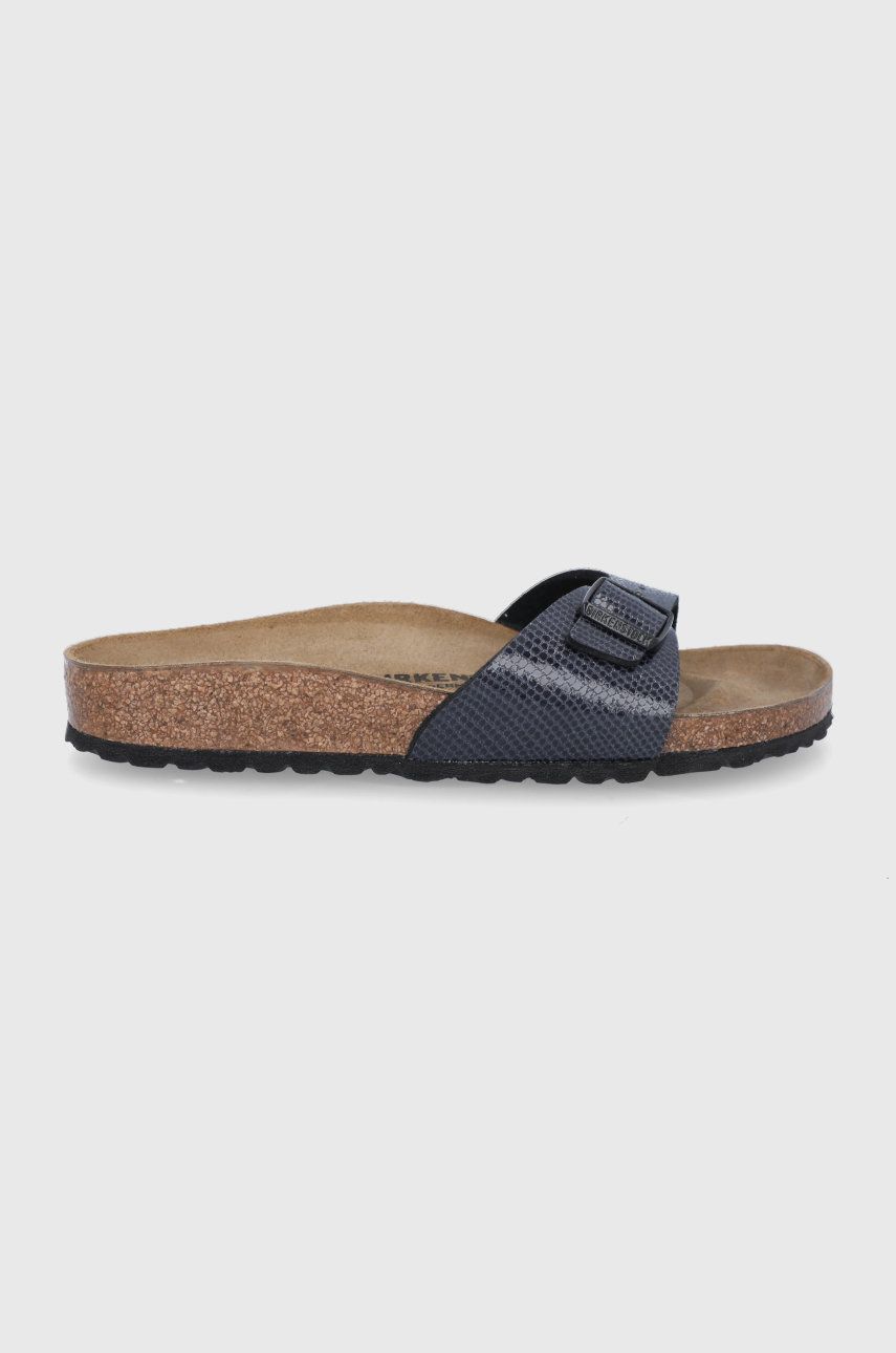 Papuci bleumarin Birkenstock dama de ocazie din piele intoarsa cu toc plat si talpa din guma  online