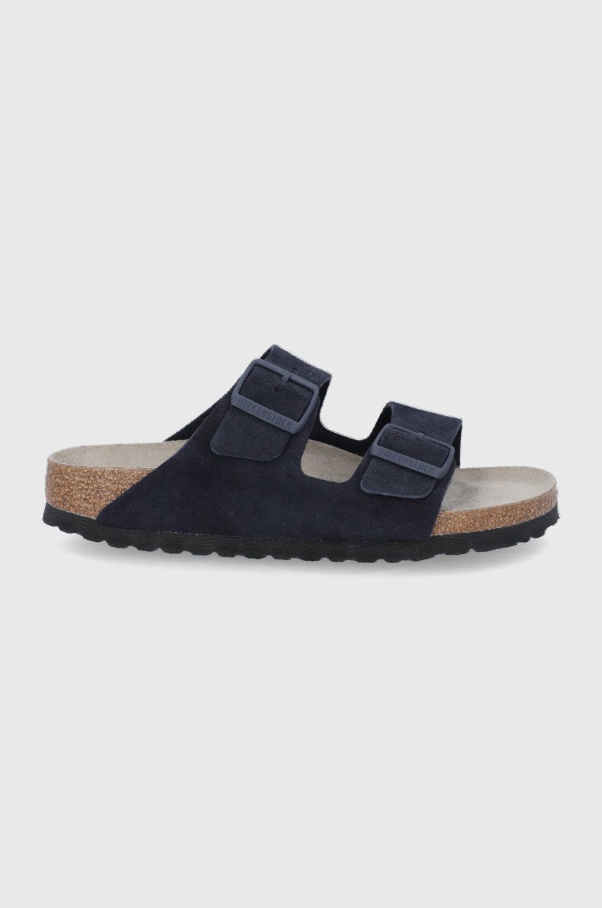 Papuci bleumarin Birkenstock dama de primavara din piele intoarsa cu toc plat si talpa stabila Arizona online