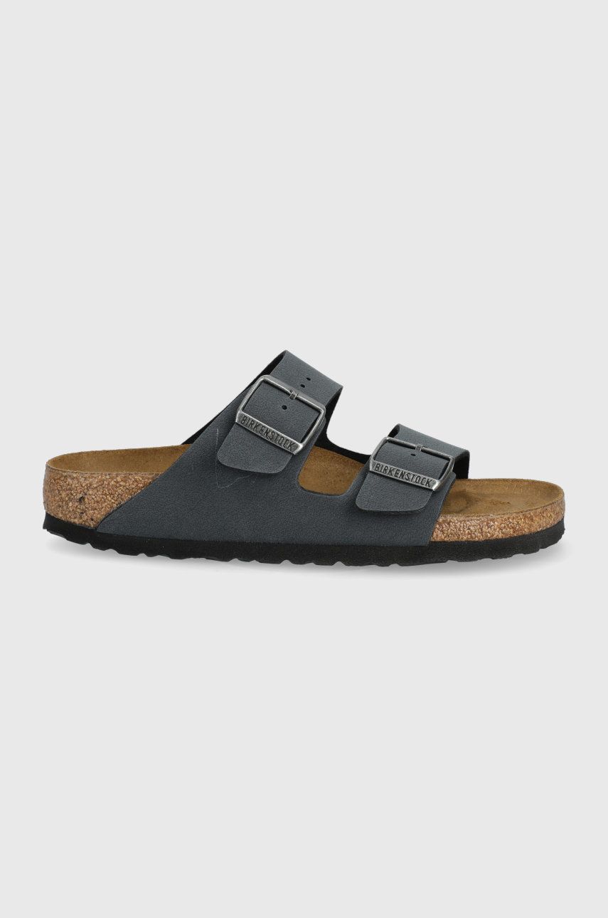 Papuci bleumarin Birkenstock dama de vara din piele intoarsa cu toc plat si talpa presata Arizona online