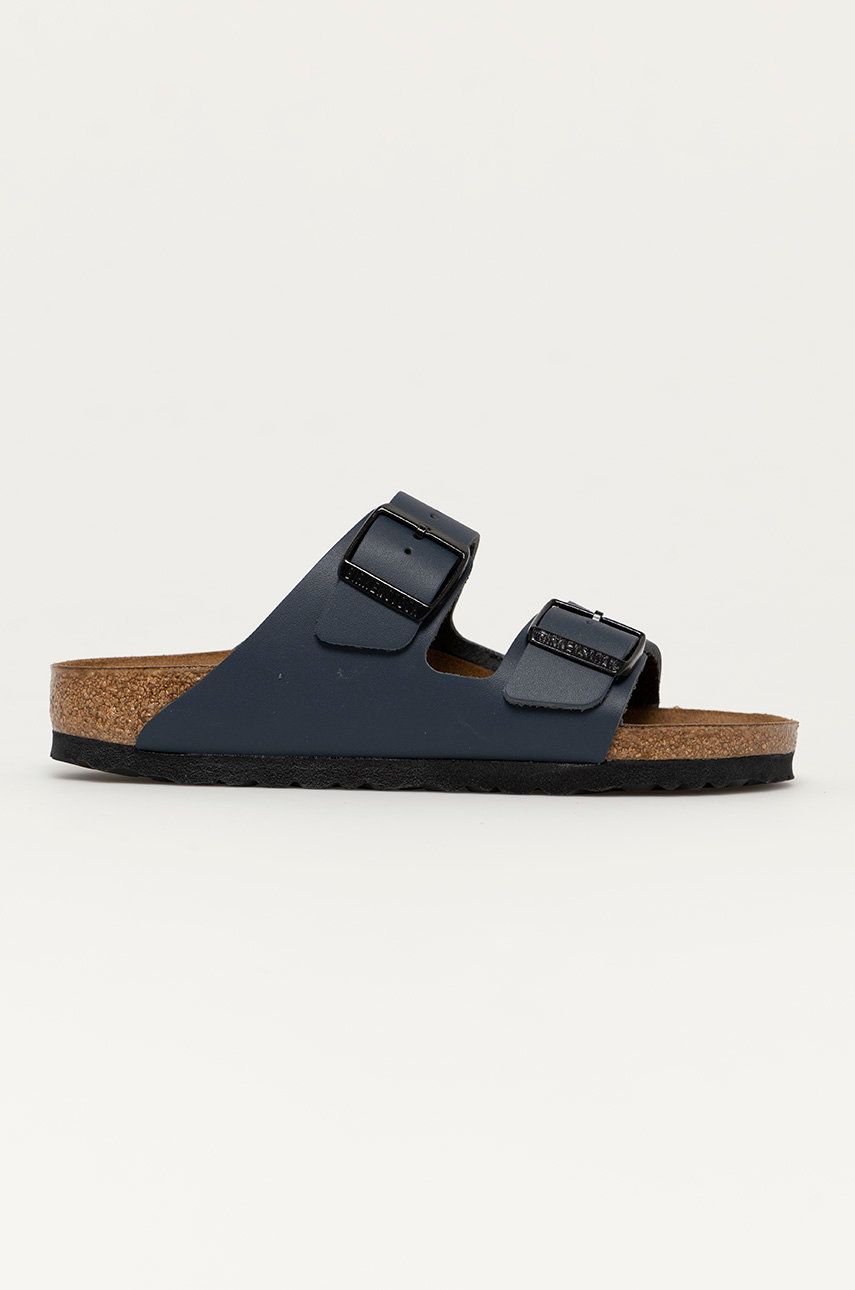 Papuci bleumarin Birkenstock dama de vara din piele naturala cu toc plat si talpa din guma