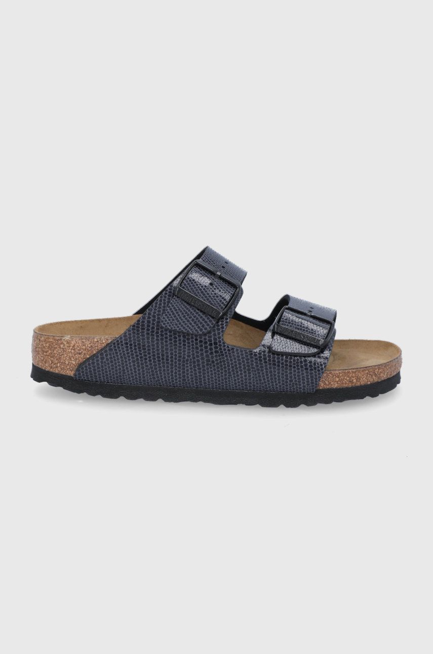 Papuci dama bleumarin Birkenstock de zi din piele intoarsa cu toc plat si talpa din guma