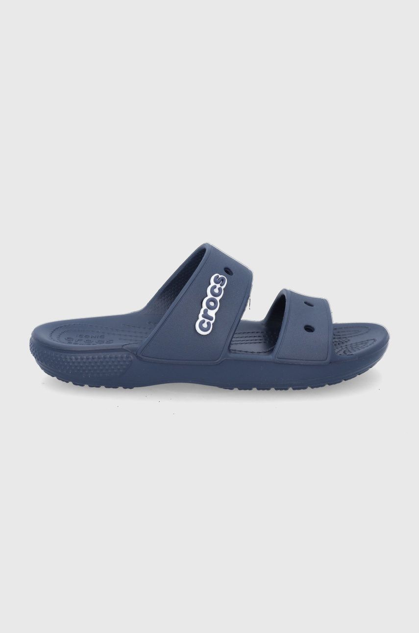 Papuci bleumarin Crocs dama de vara din material sintetic cu toc plat si talpa din guma