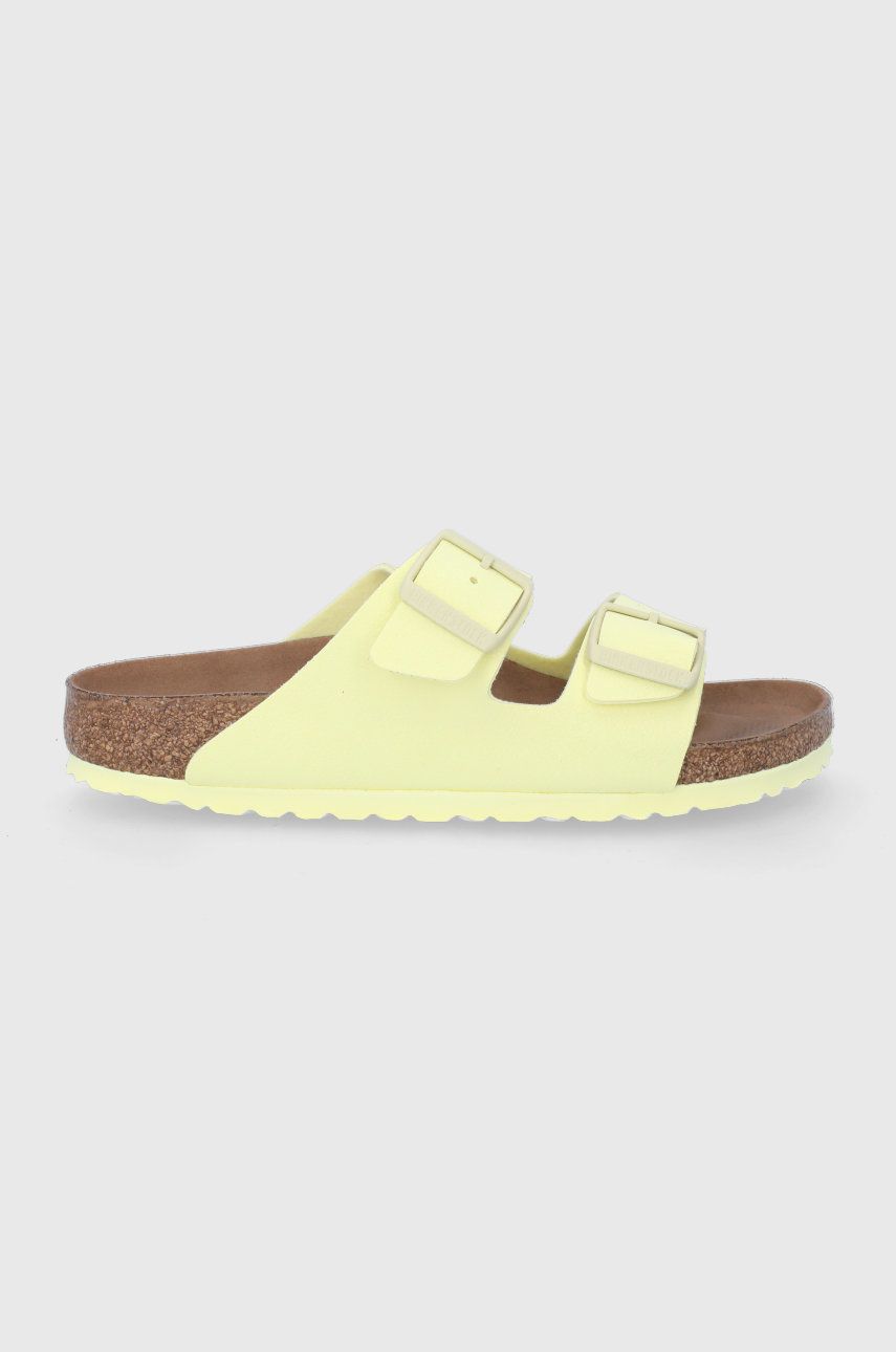 Papuci galbeni Birkenstock dama de primavara din piele intoarsa cu toc plat si talpa din guma Arizona