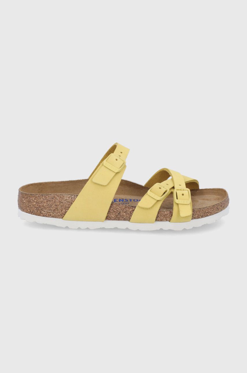 Papuci galbeni Birkenstock dama de zi din piele naturala cu talpa stabila si interior confortabil Franca