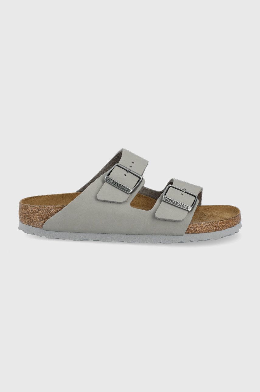 Papuci gri Birkenstock dama de primavara din piele naturala cu toc plat cu talpa din spuma Arizona online