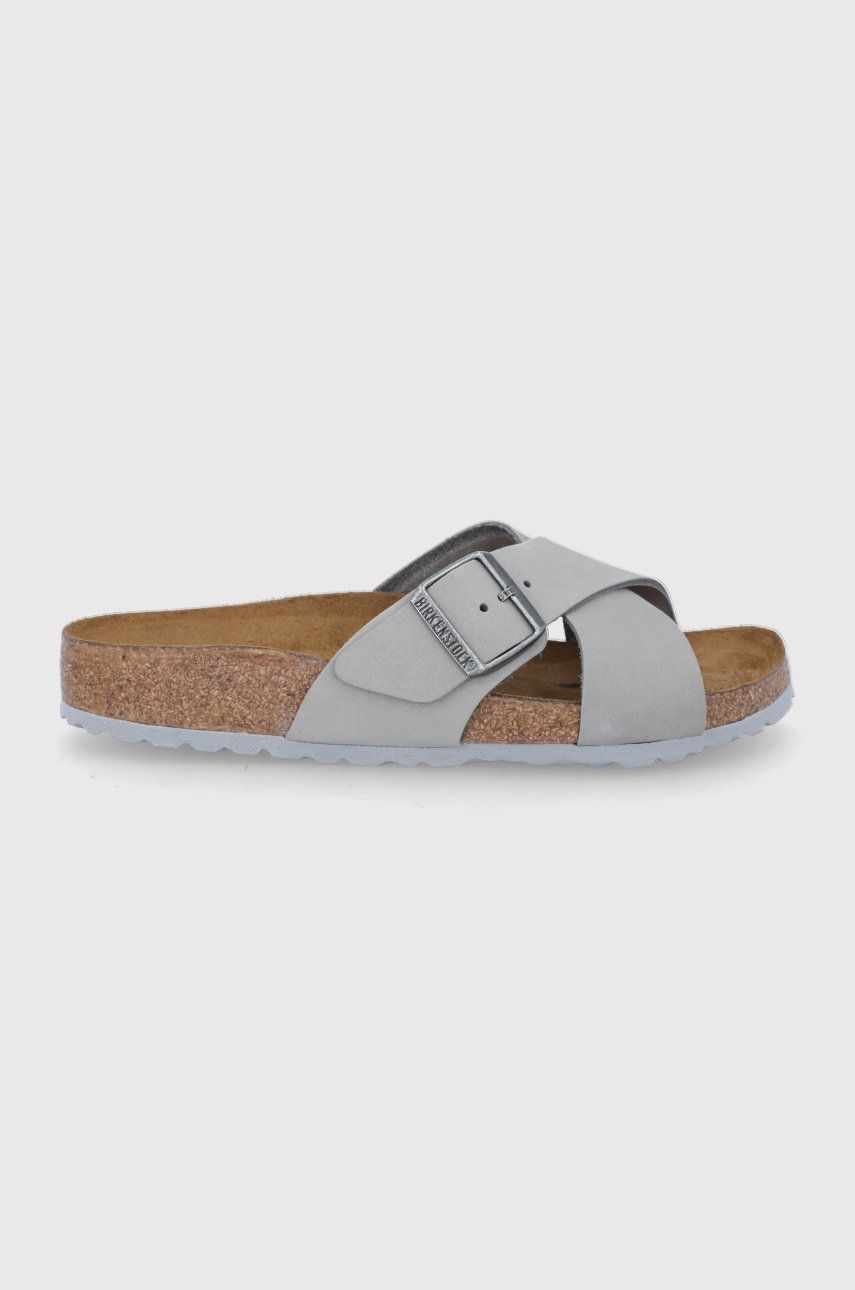 Papuci gri Birkenstock dama de vara din piele intoarsa cu toc plat  Siena