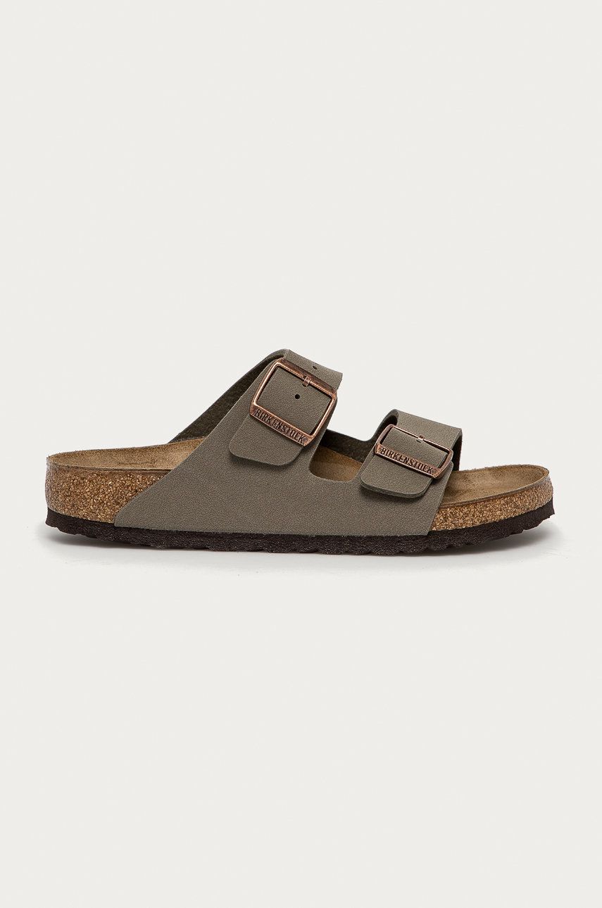 Papuci gri Birkenstock dama de vara din piele intoarsa cu toc plat si talpa presata