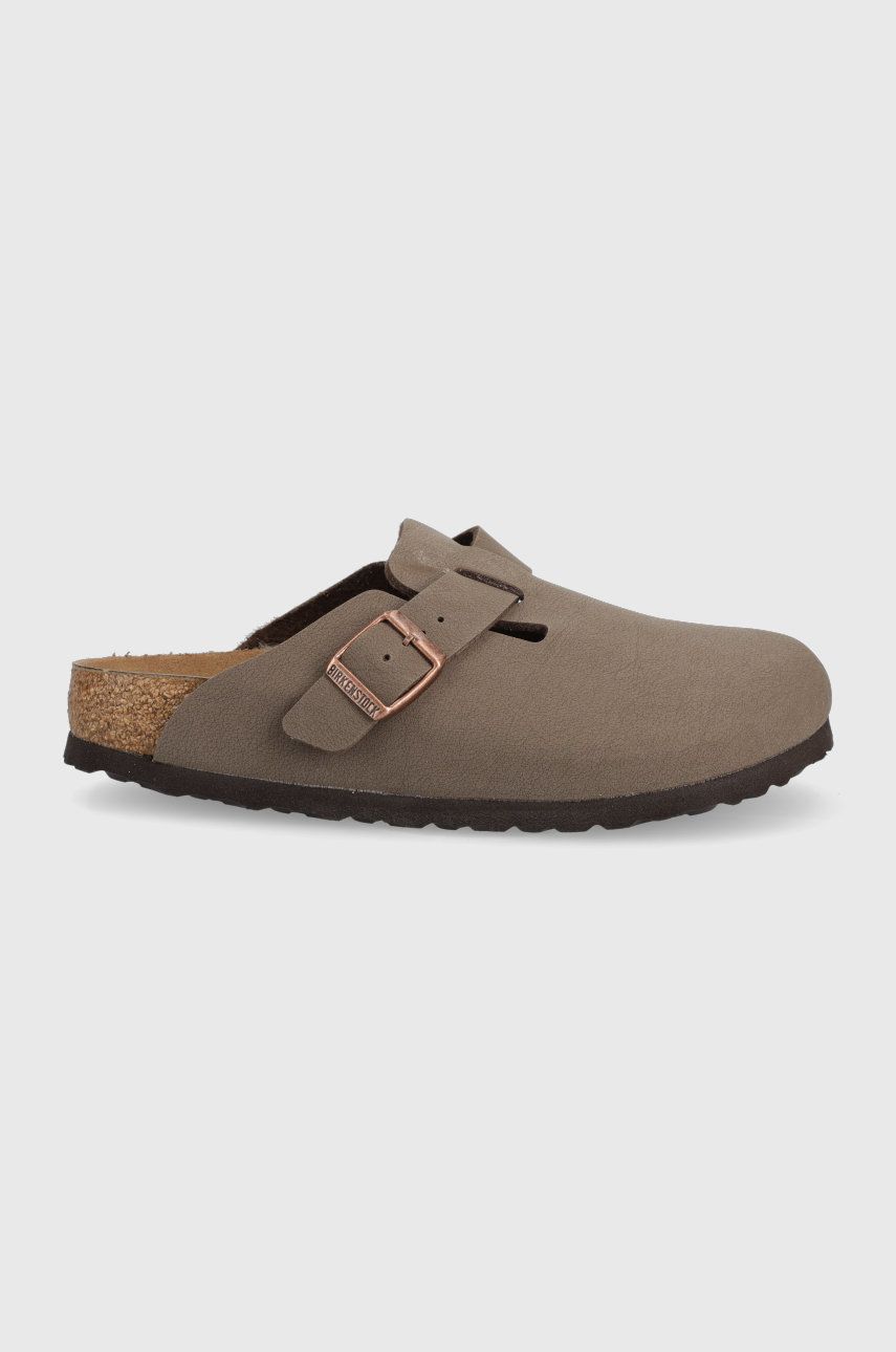 Papuci maro Birkenstock dama de ocazie din piele intoarsa cu toc plat si interior confortabil Boston online