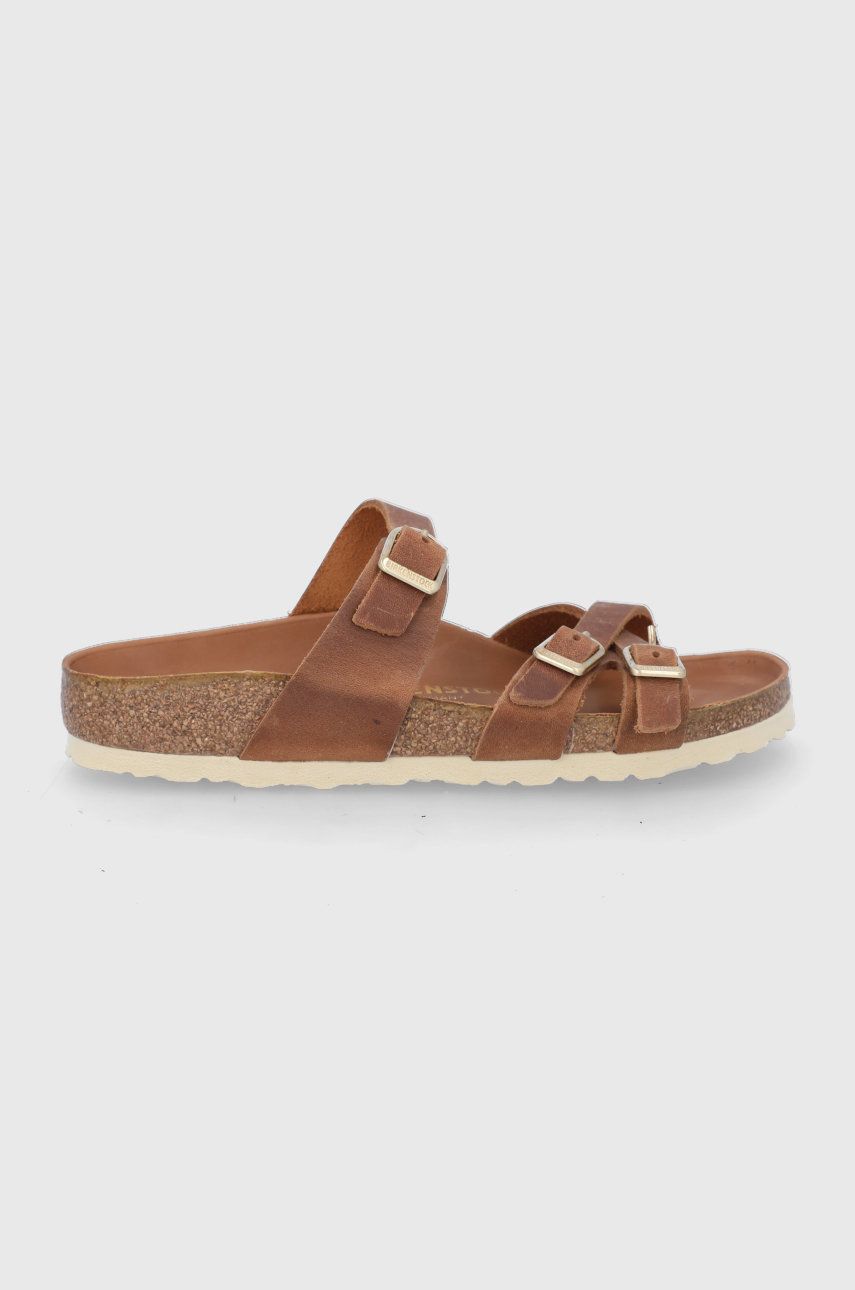 Papuci maro Birkenstock dama de ocazie din piele naturala cu toc plat  Franca online