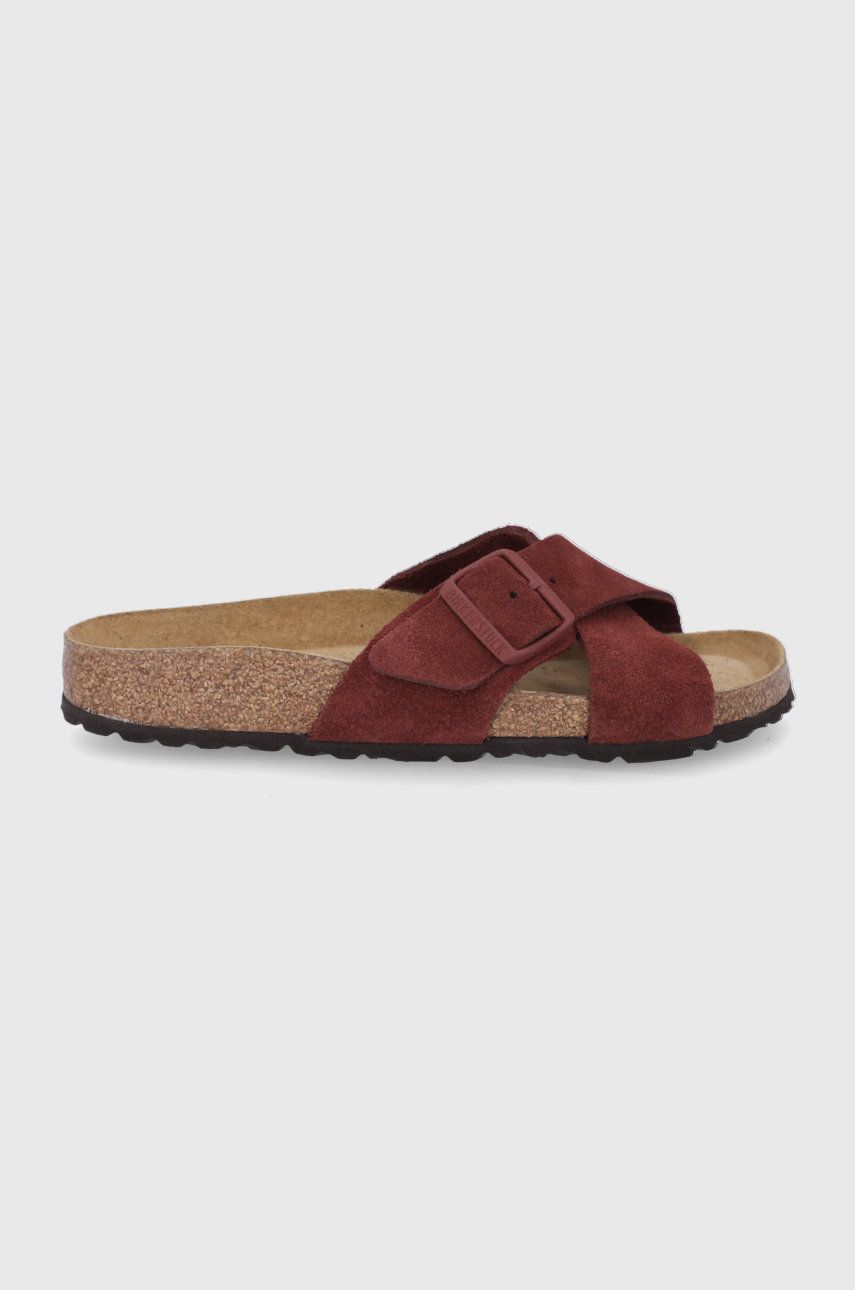 Papuci maro Birkenstock dama de vara din piele intoarsa cu toc plat si talpa sculptata Siena