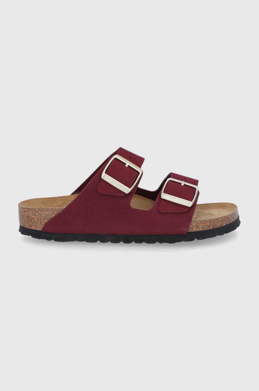 Papuci dama maro Birkenstock de vara din piele naturala cu toc plat si talpa din guma Arizona