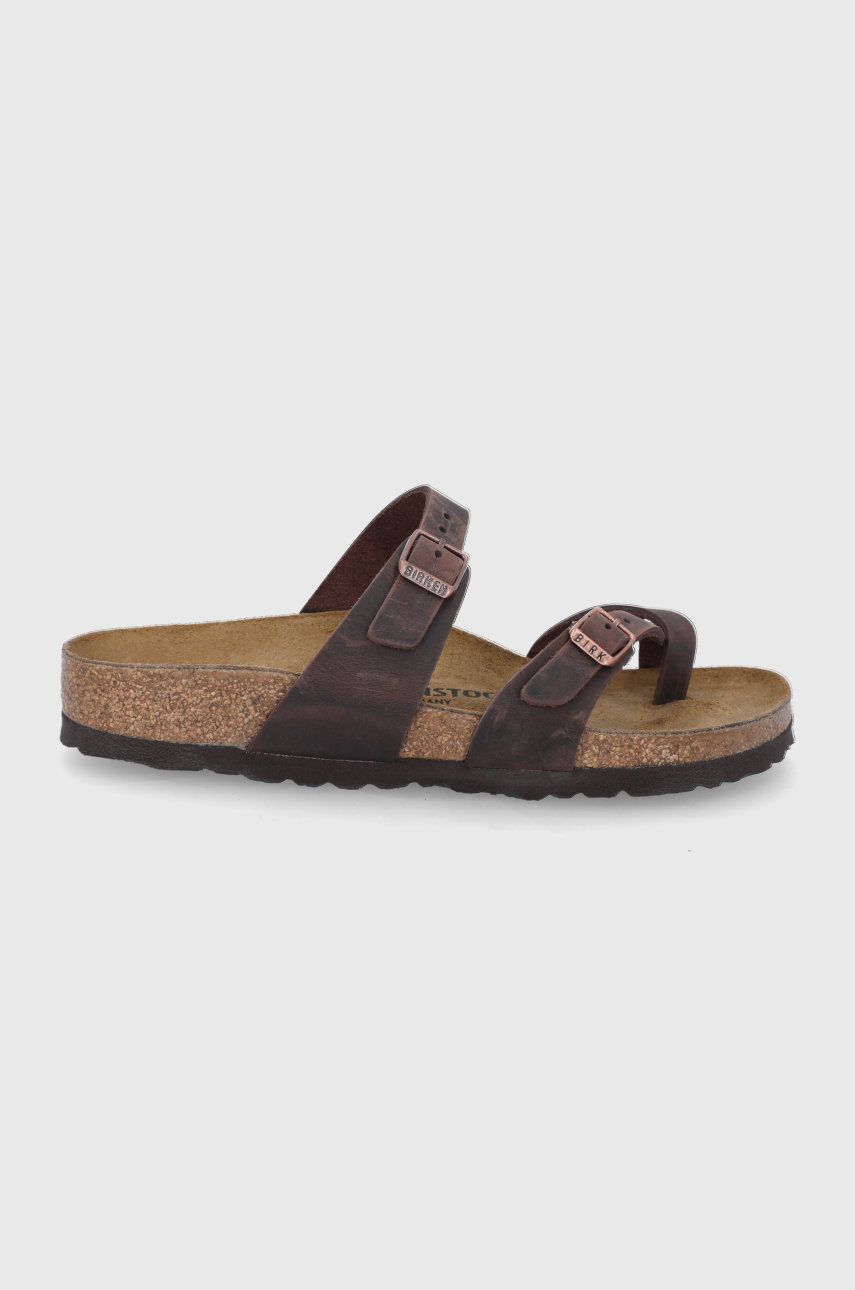 Papuci maro Birkenstock dama de zi din piele naturala cu toc plat si talpa din guma Mayari online