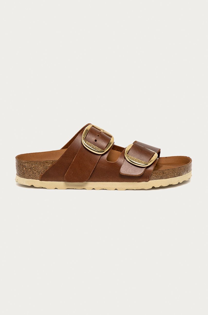 Papuci dama maro Birkenstock de zi din piele naturala cu toc plat si talpa din guma