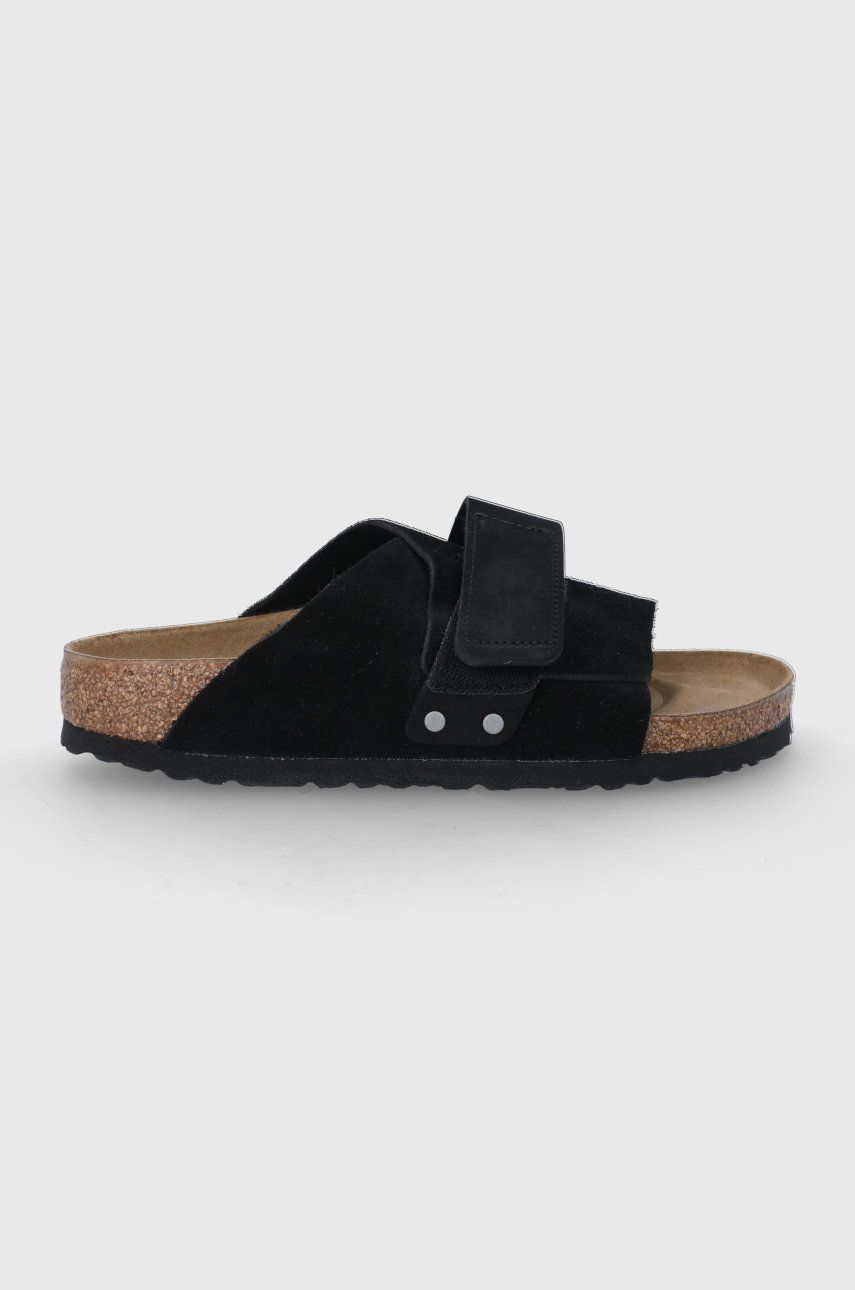 Papuci negri Birkenstock dama de ocazie din piele intoarsa cu toc plat si talpa din guma Kyoto