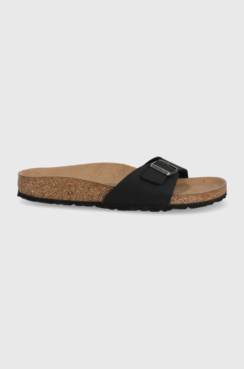 Papuci negri Birkenstock dama de ocazie din piele intoarsa cu toc plat si talpa presata Madrid online