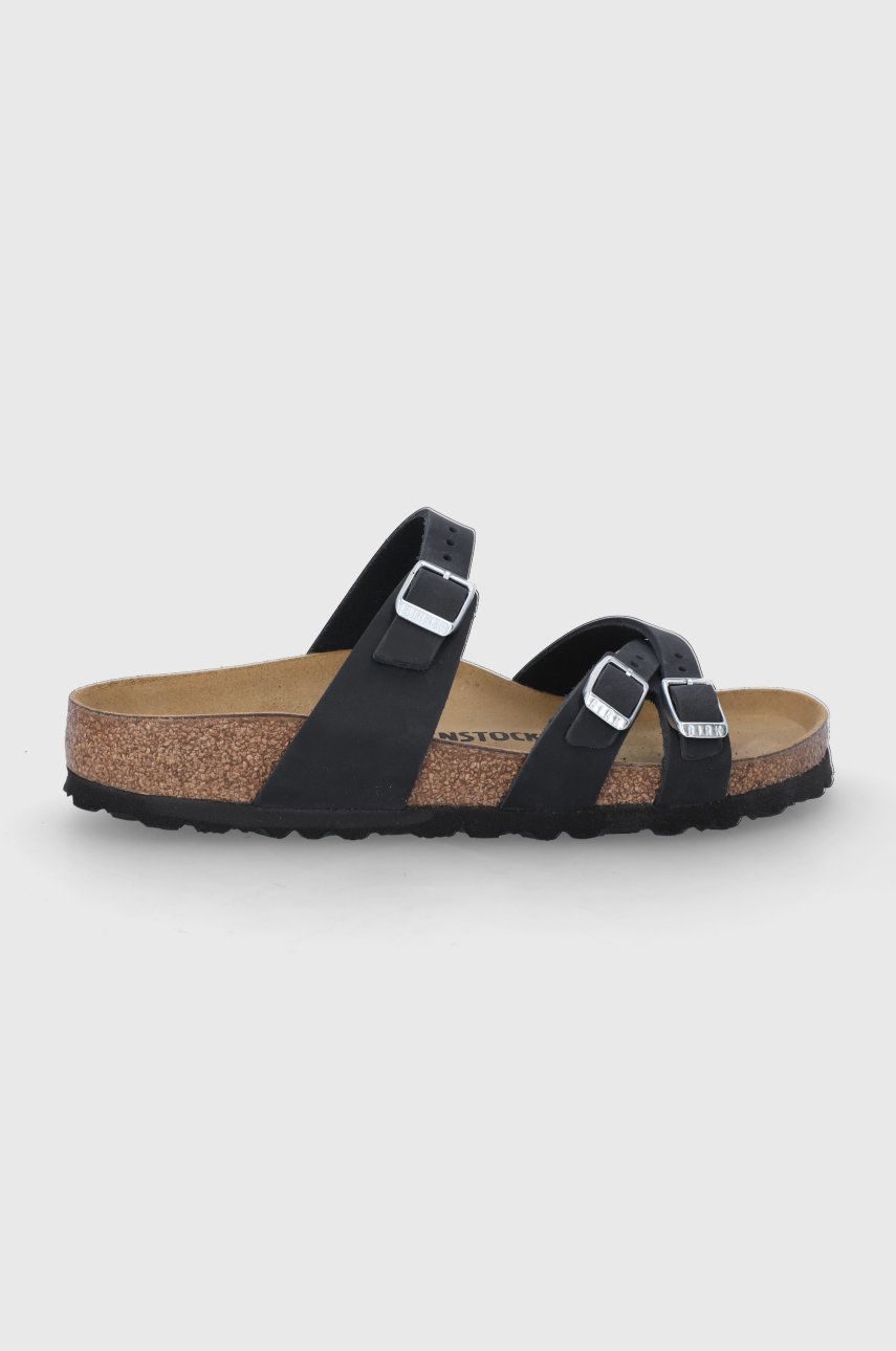 Papuci negri Birkenstock dama de primavara din piele intoarsa cu toc plat si talpa din guma Franca