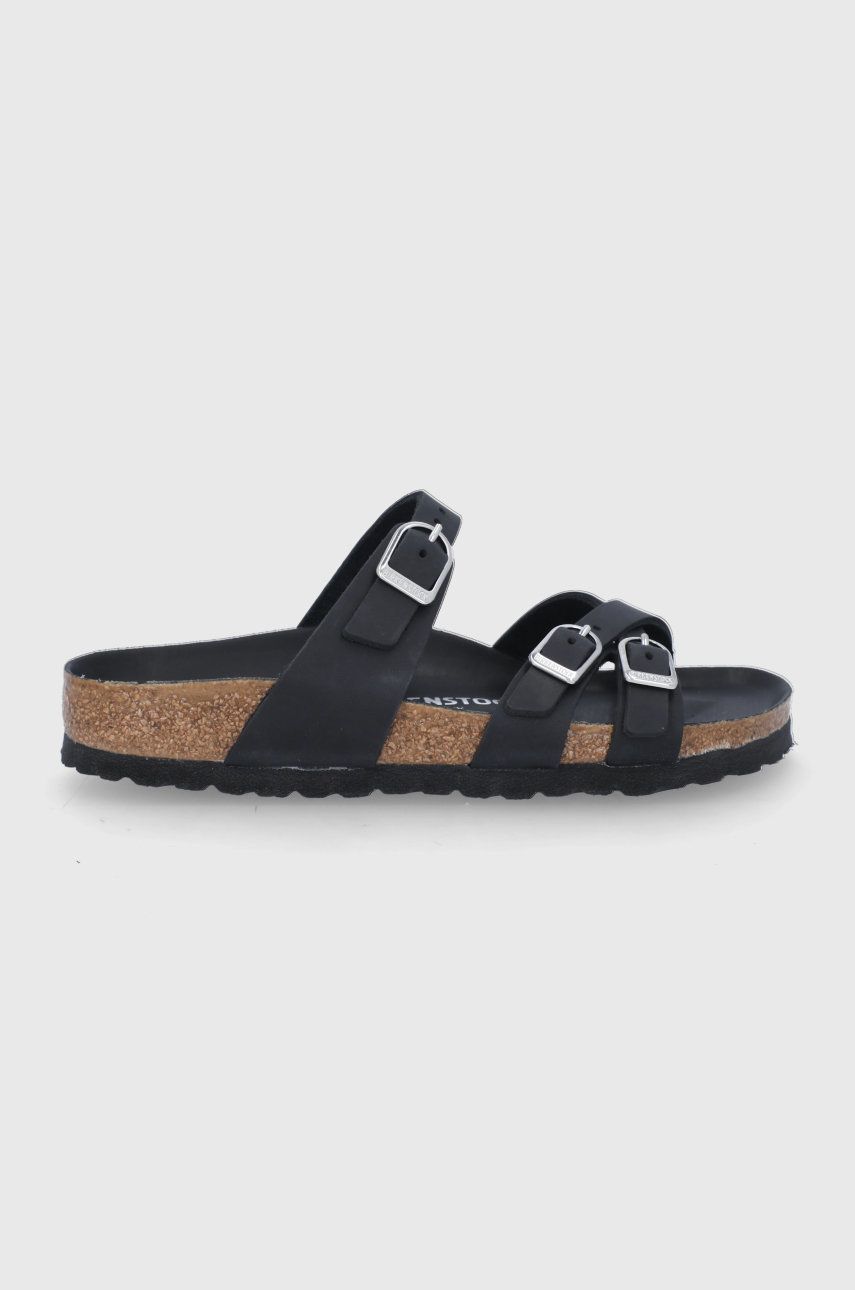 Papuci negri Birkenstock dama de primavara din piele naturala cu toc plat si interior confortabil Franca online