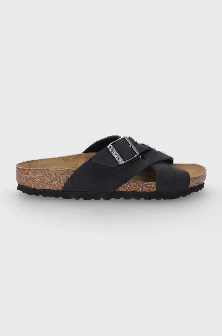 Papuci negri Birkenstock dama de vara din piele naturala cu toc plat si talpa din guma Lugano