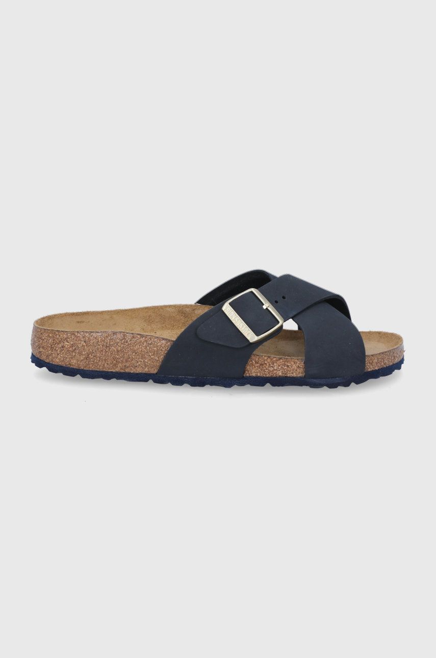 Papuci negri Birkenstock dama de vara din piele naturala cu toc plat si talpa din guma Siena Midnght online