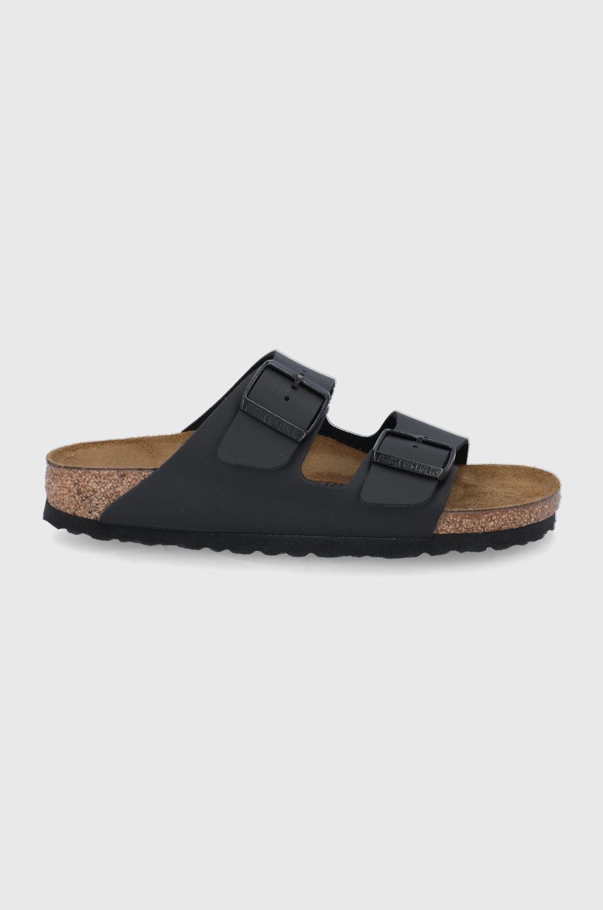 Papuci negri Birkenstock dama de zi din piele intoarsa cu toc plat si talpa din guma Arizona online