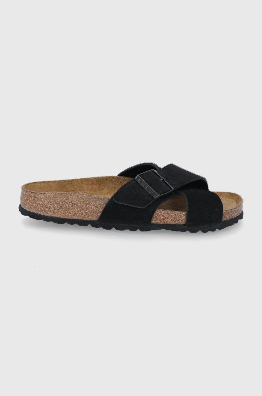 Papuci negri Birkenstock dama de zi din piele intoarsa cu toc plat si talpa din guma Siena online