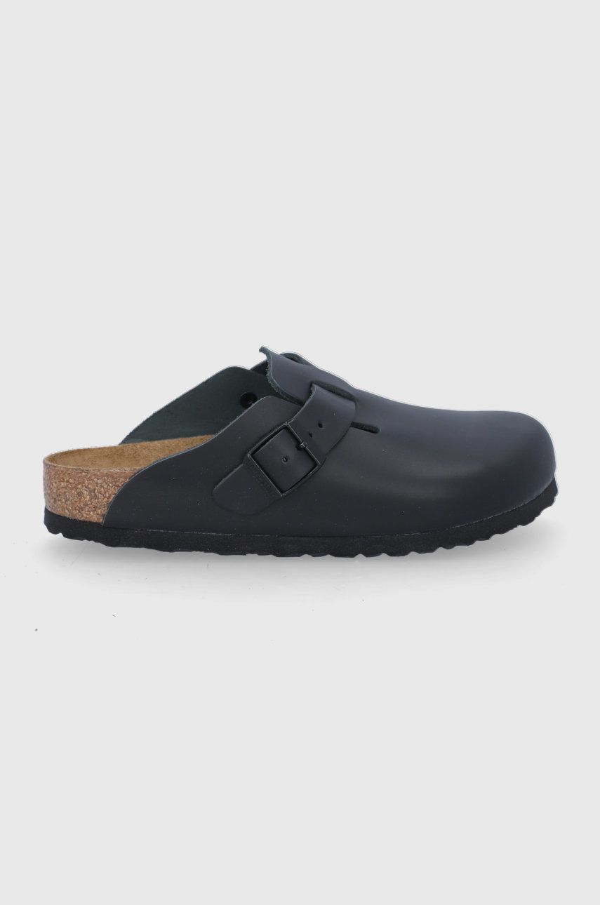 Papuci negri Birkenstock dama de zi din piele naturala cu toc plat si talpa stabila Boston