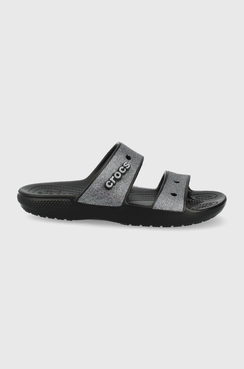 Papuci negri Crocs dama de ocazie din material sintetic cu toc plat si talpa din guma