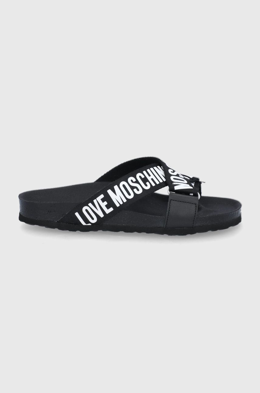 Papuci negri Love Moschino dama de zi din material textil cu toc plat si talpa din guma  online