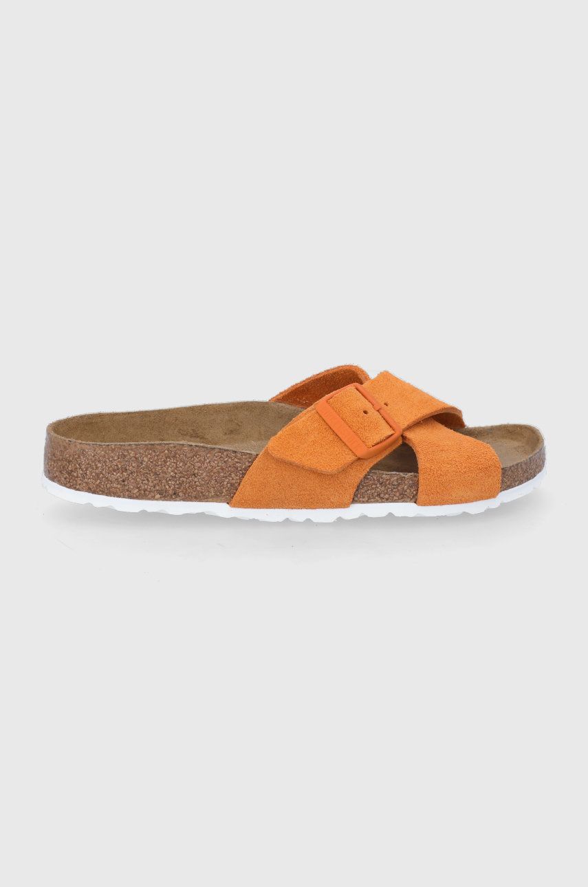 Papuci portocalii Birkenstock dama de primavara din piele intoarsa  cu talpa sculptata Siena