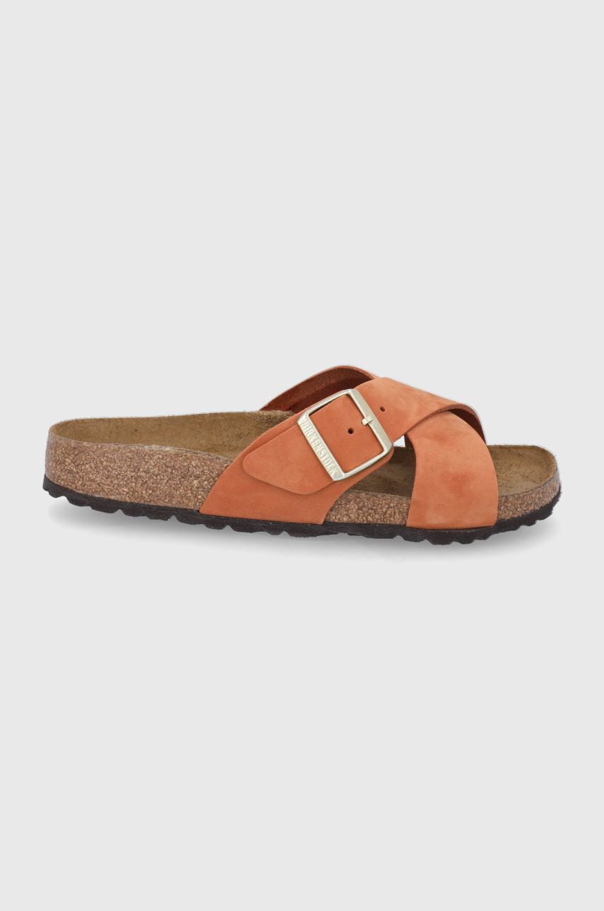 Papuci portocalii Birkenstock dama de primavara din piele intoarsa cu toc plat si talpa din guma Siena online